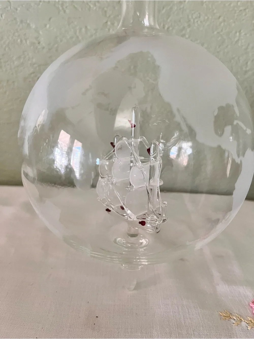 Vintage Glass Globe Ship Decanter on Wooden Stand Frosted World Map Barware